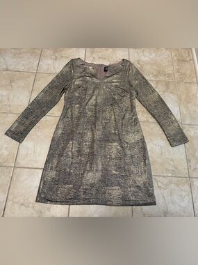 Vince Camuto Metallic Sheath Dress Long Sleeve Keyhole Gold/Multi Size 12